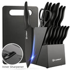16 Pieces Carbon Steel Kitchen Knife Block Set with Cutting Board, Inner Sharpener, and 6 Steak Knives, Dishwasher Safe