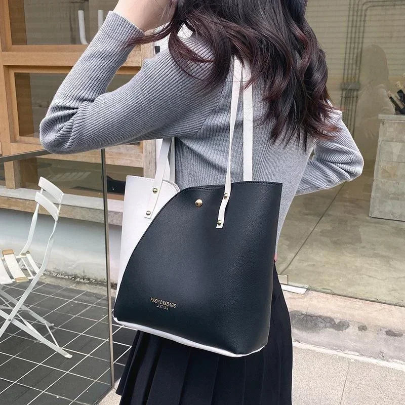Women Pu Leather Ladies Purses and Shopping Bag Casual Large Capacity Patchwork Bag Hot Stamped Contrast Color Shoulder Bags