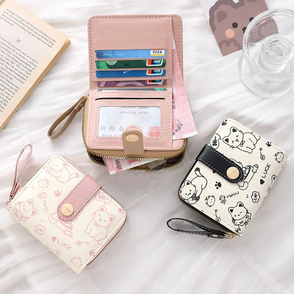 Cute Cat Coin Purse Women Fashion Short Wallet PU Leather Large Capacity Wallet Lightweight ID Card Holder Travel Cash Coin Bag