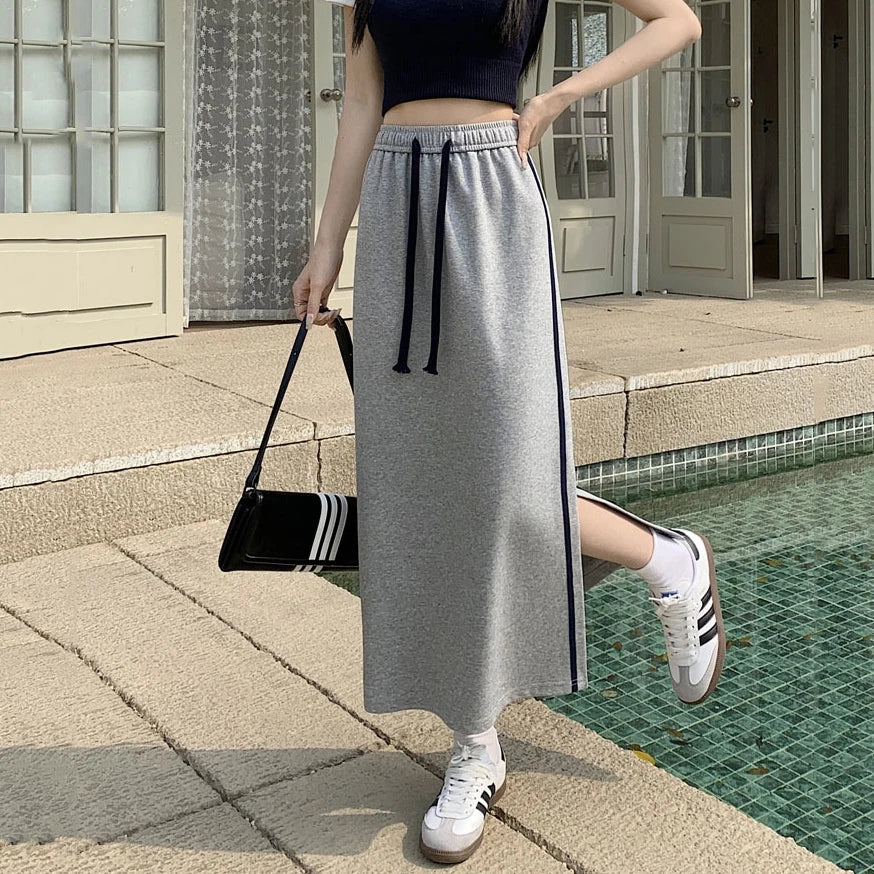 Qooth Women Sports style Elastic Waist Cotton A-line Skirt Elegant Split Long Skirt QT2155
