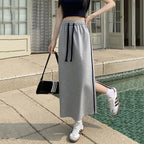 Qooth Women Sports style Elastic Waist Cotton A-line Skirt Elegant Split Long Skirt QT2155