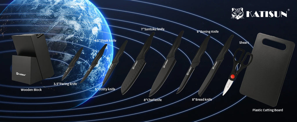 16 Pieces Carbon Steel Kitchen Knife Block Set with Cutting Board, Inner Sharpener, and 6 Steak Knives, Dishwasher Safe