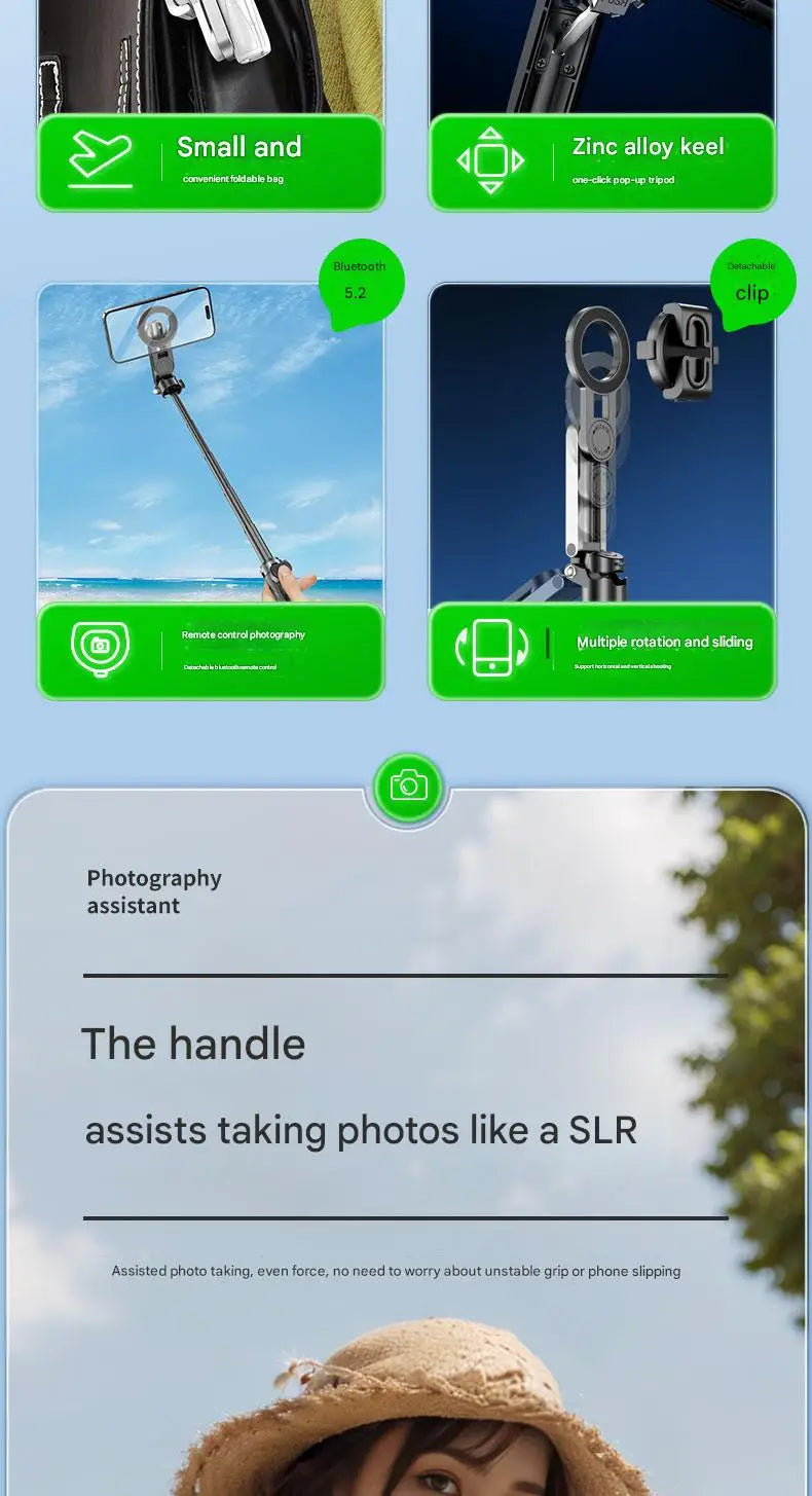 Upgraded Multi-Function Foldable Magnetic Phone Holder Selfie Stick, DSLR-Style Rotation Tripod Portable Remote ControlUpgraded