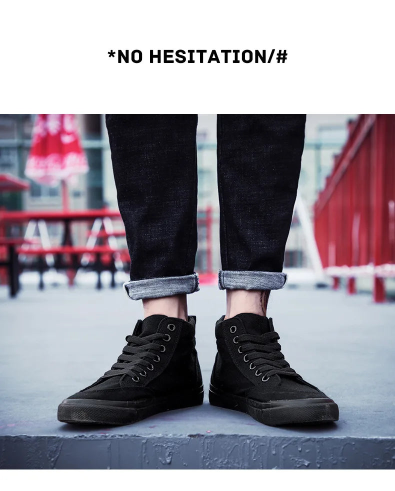 Men's High-Top Canvas Sneakers Slip-On Lace-Up Casual All-Black Basic Skate Shoes for Students Flat Sole Comfortable Sport Shoes