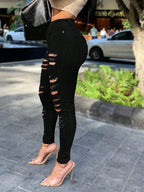 Women Slim-Fit Black Ripped Jeans with Button Zipper Pockets - Casual Fashion Solid Color Denim Pants