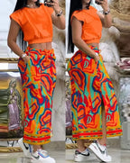2025 Summer Two Piece Sets Women Outifit Fashion Print Colorblock O-Neck Short Sleeve Crop Top & Casual Striped Pocket Skirt Set
