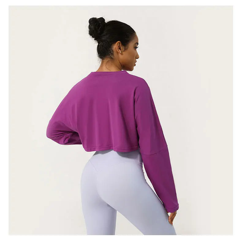 Women Long Sleeve Fitness Crop Top Soft Soild Color Workout T-Shirt Loose Running Yoga Shirt