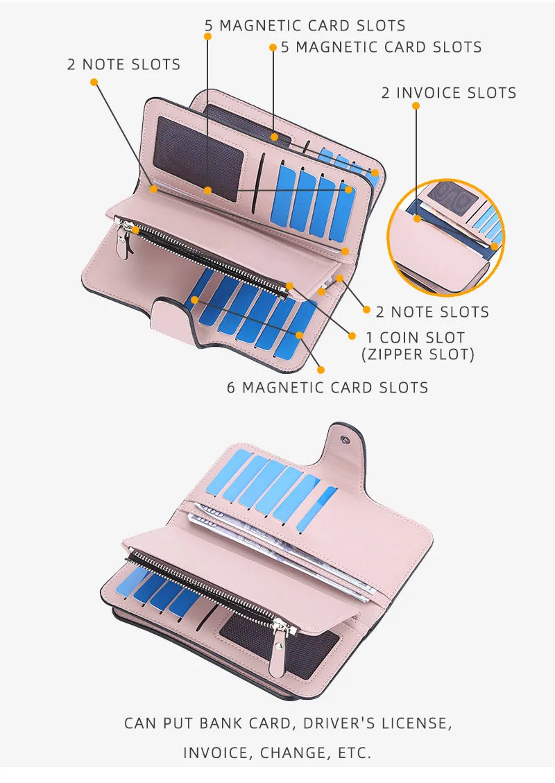 Ladies Long Coin Purse Clutch Multi-functional PU Leather Wallet Simple Fashion Zipper Hasp Wallet Large-capacity Card Holders