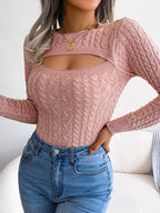 Women'S Sexy Hollow-Out Knit Pullover Sweater, Long Sleeve Crew Neck