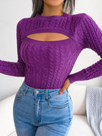 Women'S Sexy Hollow-Out Knit Pullover Sweater, Long Sleeve Crew Neck
