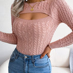 Women'S Sexy Hollow-Out Knit Pullover Sweater, Long Sleeve Crew Neck